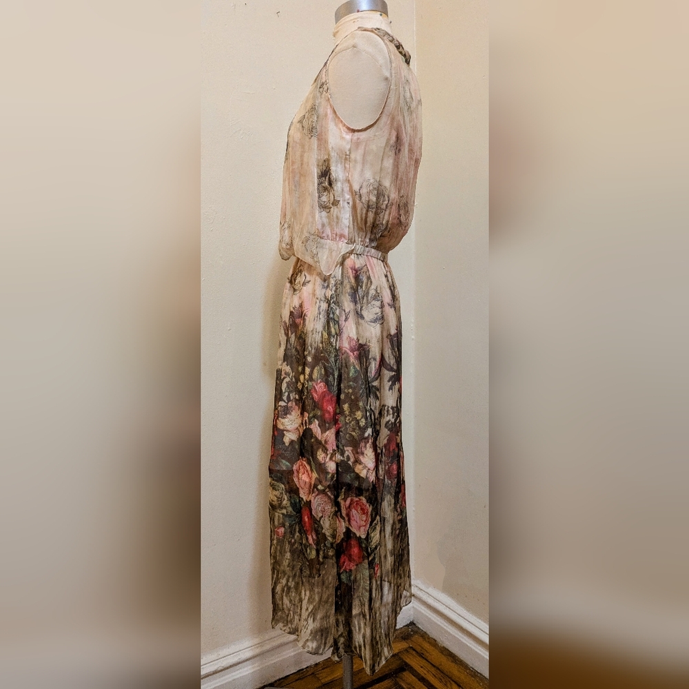 Queen Mulock Floral Silk Midi Rose Print Dress - Size S - Picture 5 of 14